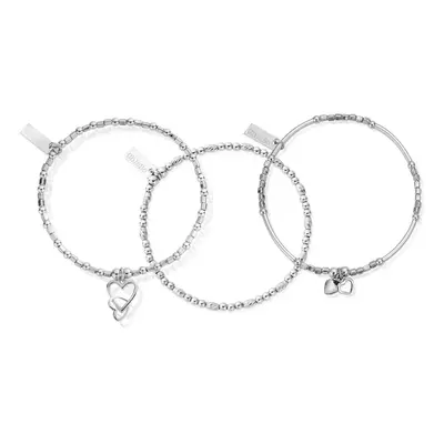 ChloBo Silver Heart & Sparkle Trio Bracelet Set For Women