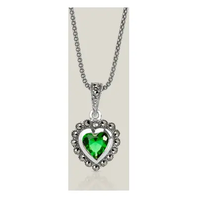 John Greed Signature Silver Marcasite & Emerald CZ Heart Necklace For Women