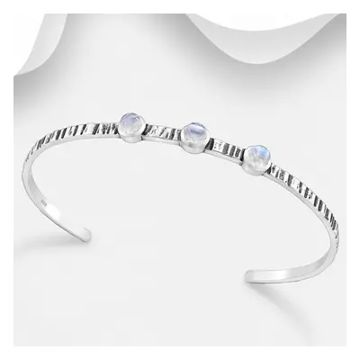 John Greed Signature Silver Triple Rainbow Moonstone Oxidised Cuff Bangle For Women