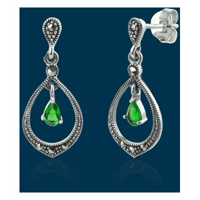 John Greed Signature Silver Marcasite & Emerald CZ Open Drop Earrings For Women