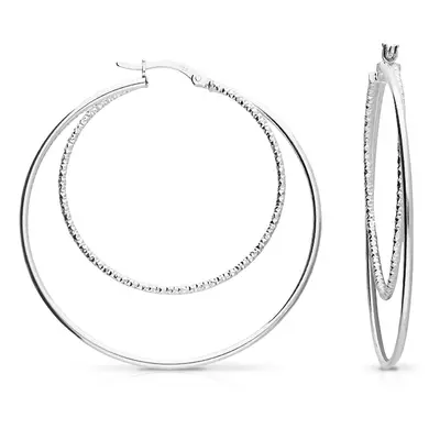 John Greed Signature Silver Textured & Plain Double Hoop Earrings For Women