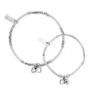 ChloBo Silver Adult & Child Mini Noodle Cube Two Heart Bracelet Set For Women