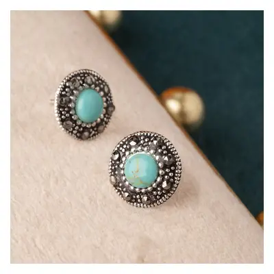 John Greed Signature Silver Marcasite Turquoise Halo Stud Earrings For Women