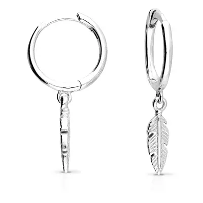 John Greed Signature Silver Single Feather Drop Hoop Earrings For Women