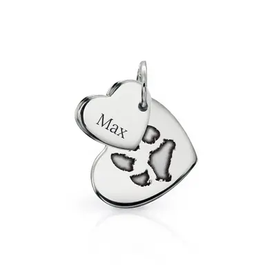 John Greed Signature Silver Double Heart Tag Paw Print Engraving Charm For Women