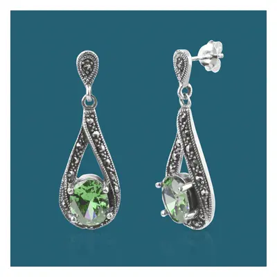 John Greed Signature Silver Marcasite & Emerald CZ Twist Drop Earrings For Women