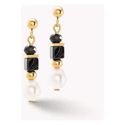 Coeur De Lion Elegance Pearl Earrings Gold Freshwater Pearl & Striped Onyx For Women