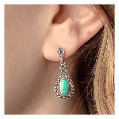 John Greed Signature Silver Marcasite & Turquoise Open Teardrop Earrings For Women