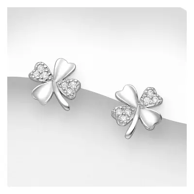 John Greed Signature Silver CZ & Plain Clover Stud Earrings For Women