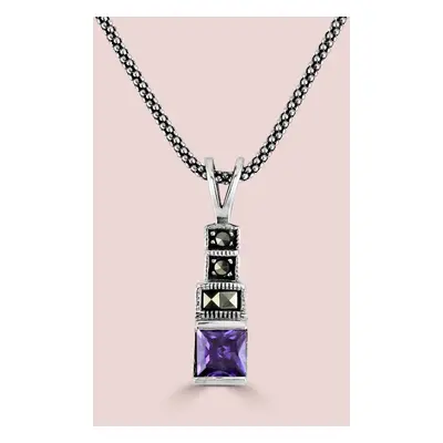 John Greed Signature Silver Marcasite & Amethyst CZ Square Necklace For Women