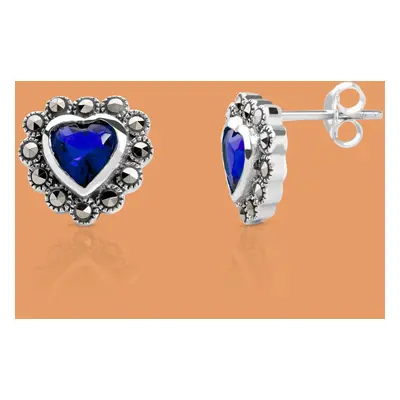 John Greed Signature Silver Marcasite & Sapphire CZ Heart Earrings For Women