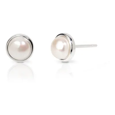 John Greed Signature Silver Disc Freshwater Pearl Stud Earrings For Women