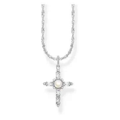 THOMAS SABO Silver Pearl & Princess Baguette Cut CZ Cross Necklace For Women