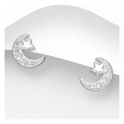 John Greed Signature Silver Pave CZ Moon & Plain Star Stud Earrings For Women