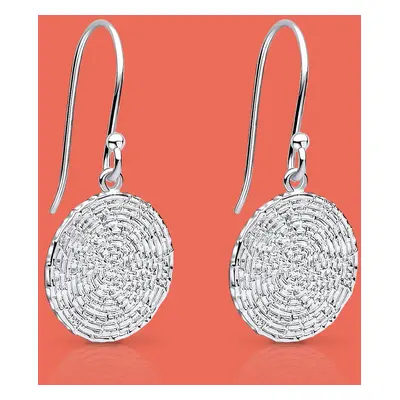 John Greed Portrait Sketch Silver Round Textured Disc Drop Earrings For Women