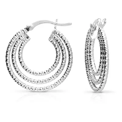 John Greed Signature Silver Triple Diamond Cut Hoop Earrings For Women