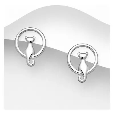 John Greed Signature Silver Sitting Cat Circle Stud Earrings For Women