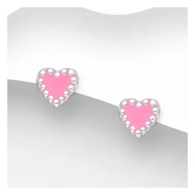 John Greed Signature Silver Pink Enamel Studded Heart Stud Earrings For Women