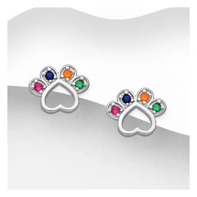 John Greed Signature Silver CZ Colourful Paw Print Heart Stud Earrings For Women