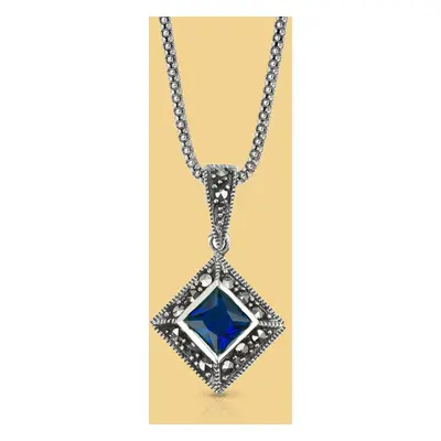 John Greed Signature Silver Marcasite & Sapphire CZ Square Necklace For Women