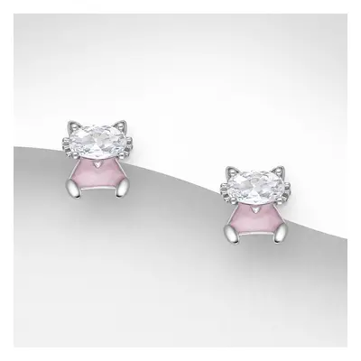 John Greed Signature Silver CZ Pink Cat Enamel Stud Earrings For Women