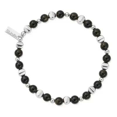 ChloBo Men's Silver Golden Obsidian Slim Round Bracelet