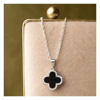 John Greed Signature Silver Onyx & CZ Clover Necklace For Women