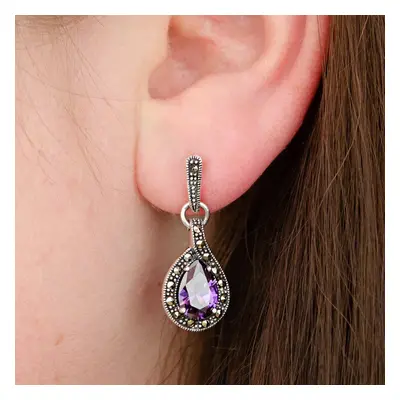 John Greed Signature Silver Marcasite & Amethyst CZ Drop Earrings For Women