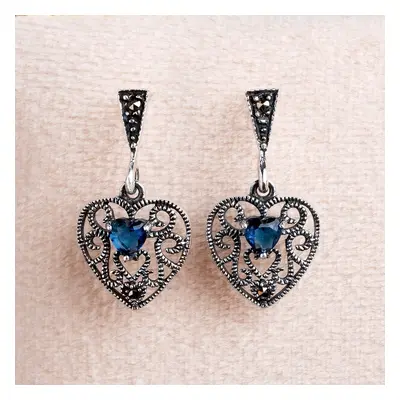 John Greed Signature Silver Marcasite & Sapphire CZ Heart Shape Drop Earrings For Women