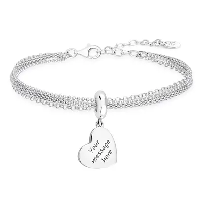 John Greed Signature Engravable Silver Medium Flat Heart Charm Multi Chain Bracelet For Women