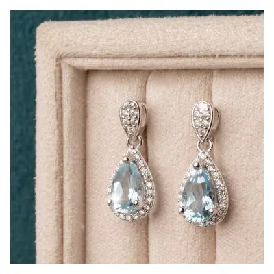 John Greed Signature Silver Blue Topaz & CZ Teardrop Halo Drop Earrings For Women