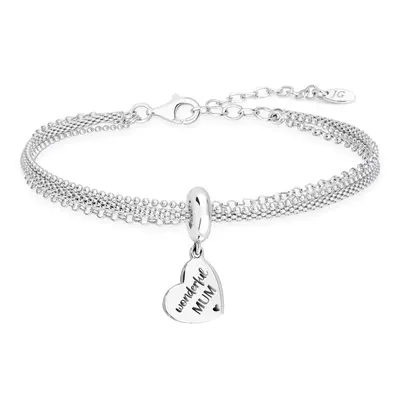 John Greed Signature Silver Wonderful Mum Flat Heart Charm Chain Bracelet For Women