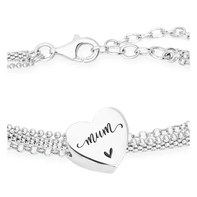 John Greed Signature Silver Mum Script Heart Charm Chain Bracelet For Women