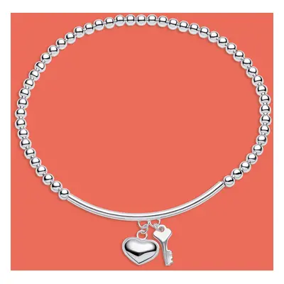 John Greed Portrait Muse Silver Beaded Stretch Heart & Key Bracelet For Women