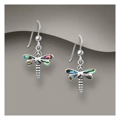 John Greed Tempest Meadow Silver Oxidised Abalone Dragonfly Drop Earrings For Women