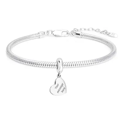 John Greed Signature Engravable Silver Flat Heart Charm Snake Bracelet For Women