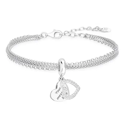 John Greed Signature Engravable Silver CZ Heart Charm Multi Chain Bracelet For Women