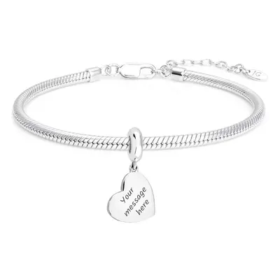 John Greed Signature Engravable Silver Medium Flat Heart Charm Snake Bracelet For Women