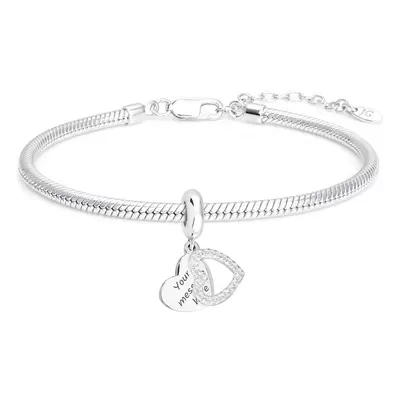 John Greed Signature Engravable Silver CZ Heart Charm Snake Bracelet For Women