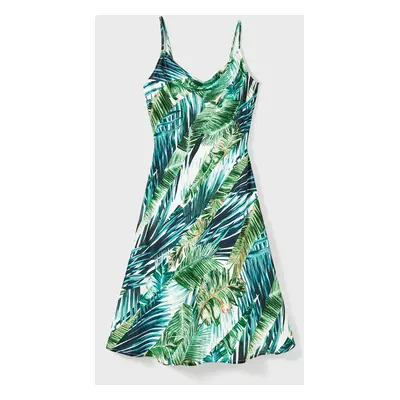 Family Matching Floral Panel Color Block Tee and Tropical Leaf Pattern Satin Swing Neck Slip Dre