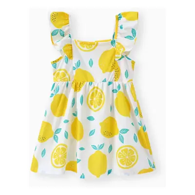 Toddler Girl Button Design Lemon Print/Plaid Flutter-sleeve Dress