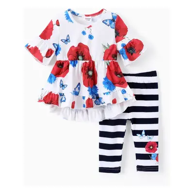 Baby/Kid 2pcs Sweet FloralTop and Striped Leggings Set