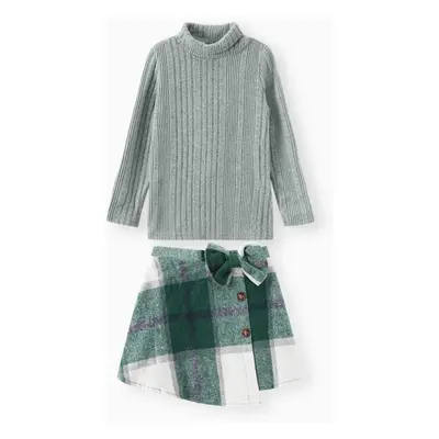 2pcs Kid Girl Long-sleeve Sweater and Bow Decor Plaid Skirt Set