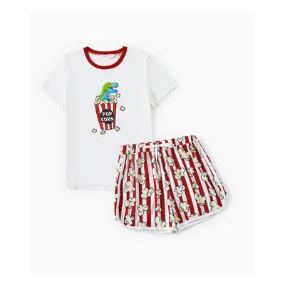 Family Matching Dinosaur Popcorn Pattern Short Sleeves Top Stripe Shorts Pajama