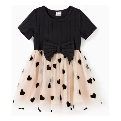 Mommy and Me Black Top Spliced Heart Pattern Mesh Dresses