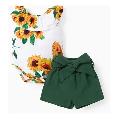 2pcs Baby Girl 100% Cotton Solid Belted Shorts and Allover Sunflower Print Ruffled Collar Tank R