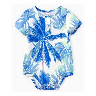 Family Matching Button Up Tropical Leaf Pattern Vacation Pajamas