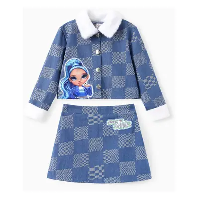 Rainbow High Toddler/Kid Girl 2pcs Skylar Plush Lapel Collar Denim Grid Jacket And Skirt Set