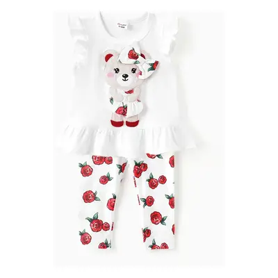 Baby/Toddler Girl 2pcs Bear Style Embroidered Top and Floral Leggings Set