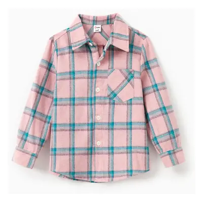 Family Matching Pink Plaid Sets Long Sleeves Shirt or Tulle Mesh Dress